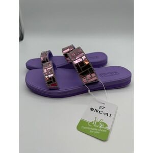ONCAI Purple Flat Slide Sandals Pink Metallic Rhinestone Straps OW6F2 Womens 6